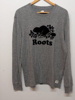 ROOTS Canada Gray Mens Organic Flocked Beaver Logo Long Sleeve Tee sz M